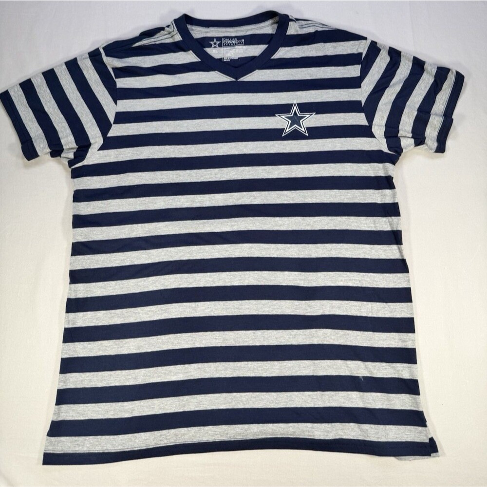 Vintage Dallas Cowboys Authentic Striped V-Neck T-Shirt – Navy & Gray – Size XL